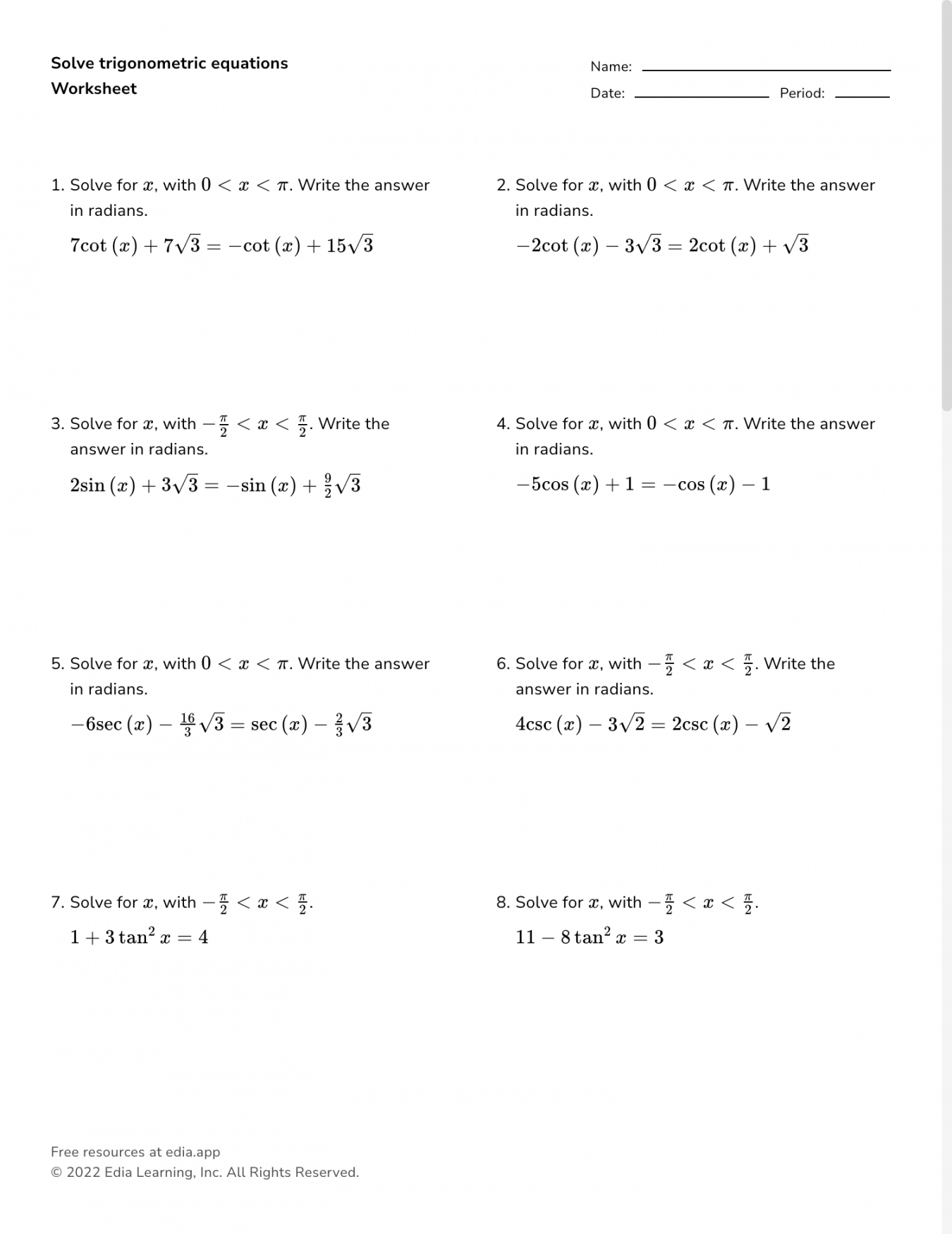 Solving Trigonometric Equations Worksheet Printable PDF Template