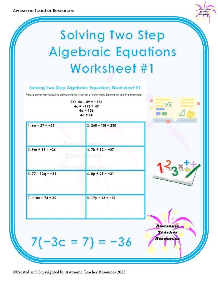 Solving Two Step Algebraic Equations Worksheet 1