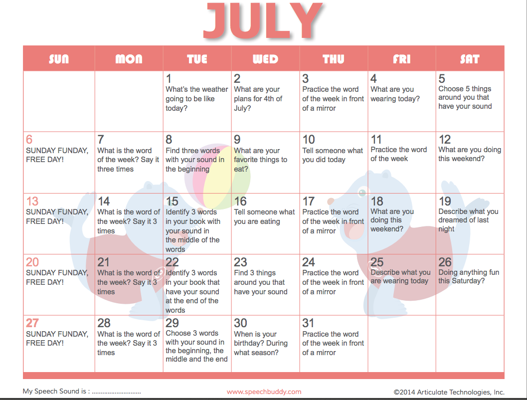 Speech Therapy Activity Calendar Speech Buddies Blog