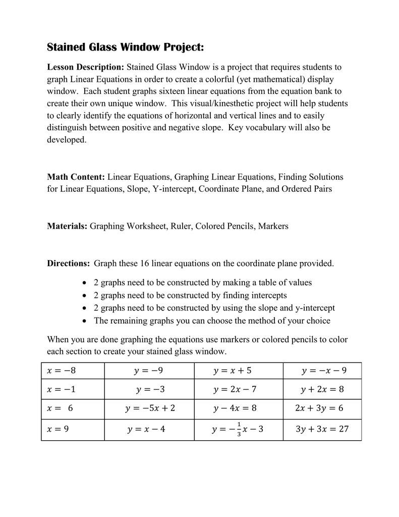 Stained Glass Window Linear Equations Worksheet Answer Key Tessshebaylo