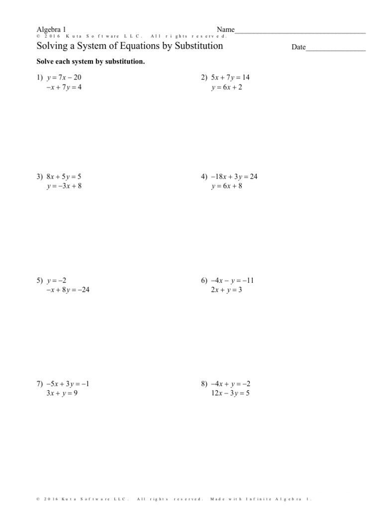 Substitution Method Worksheet Answers Solving A System Of Equations By 