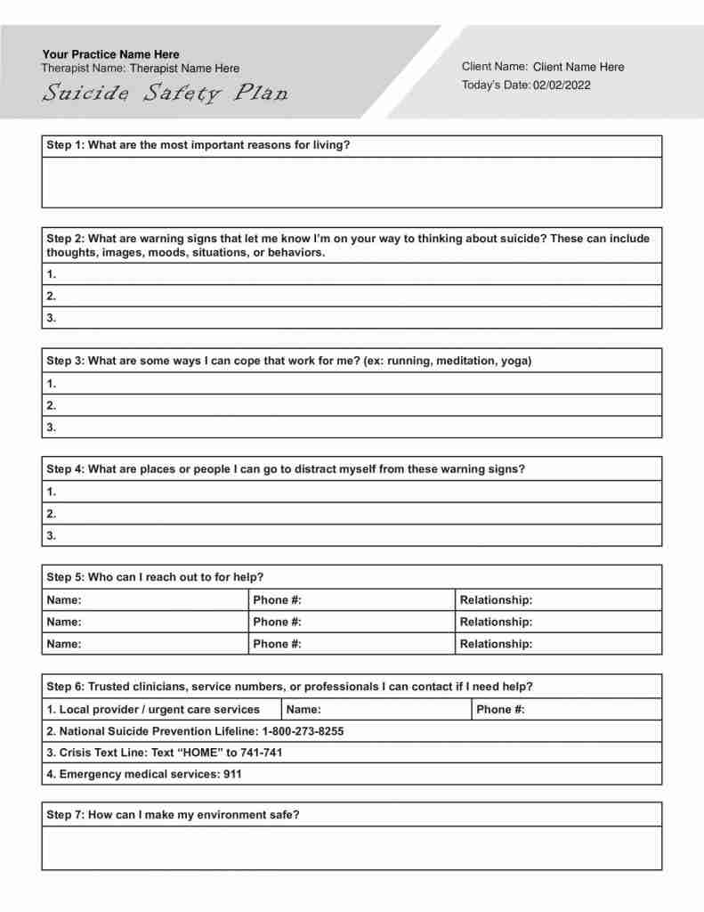 Suicide Safety Plan Editable Fillable Printable PDF TherapyPatron
