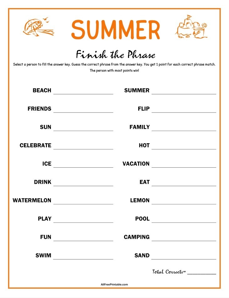 Summer Finish The Phrase Game Free Printable
