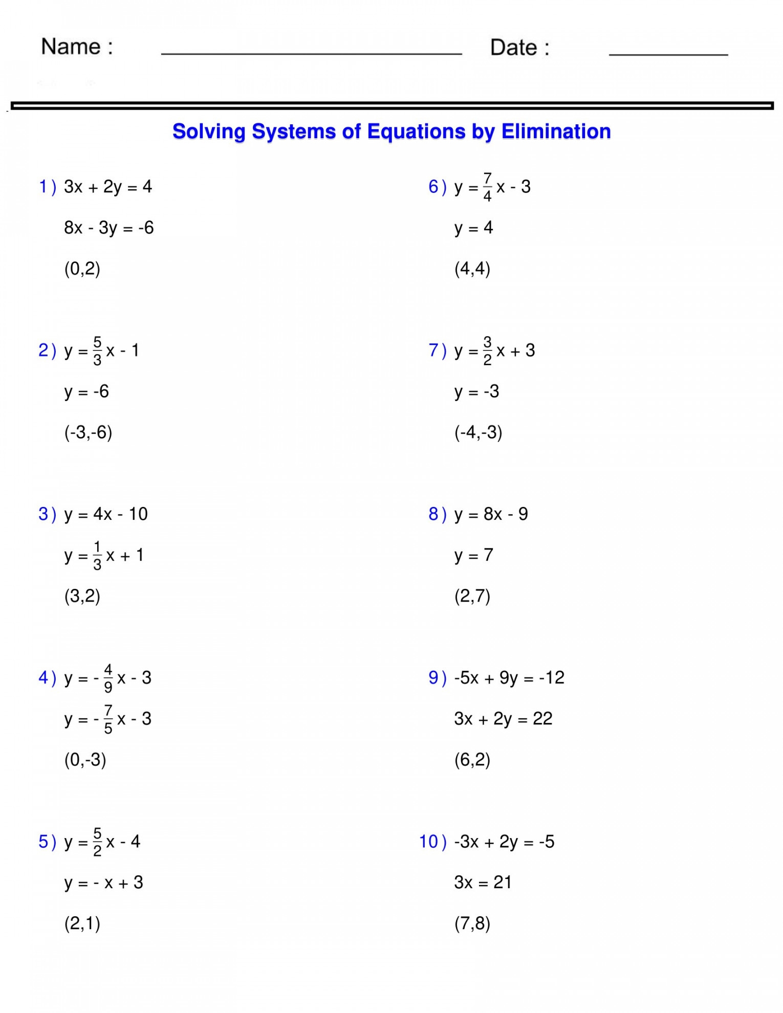 System Of Equations Elimination Worksheet Printable PDF Template