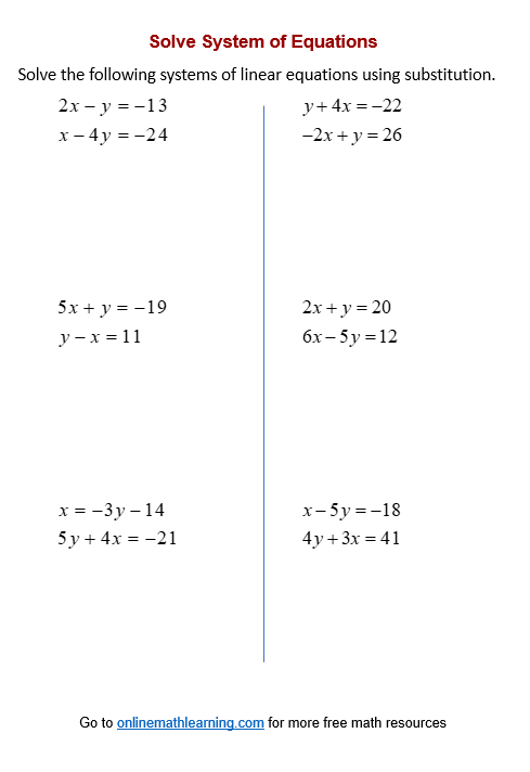System Of Equations Worksheets printable Online Answers Examples
