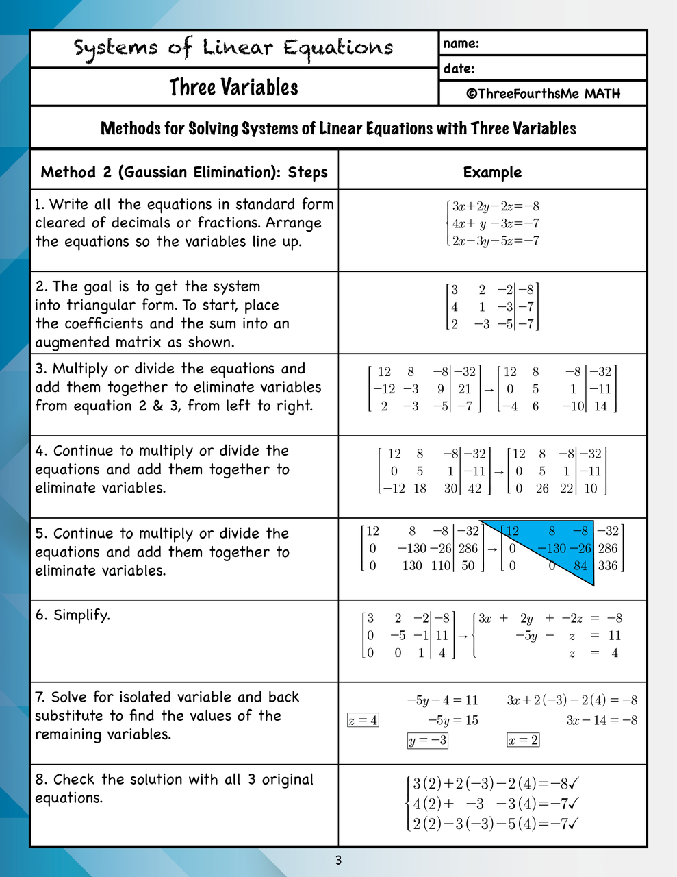 Systems Of Equations 3 Variables Scaffolded Notes Worksheets Library