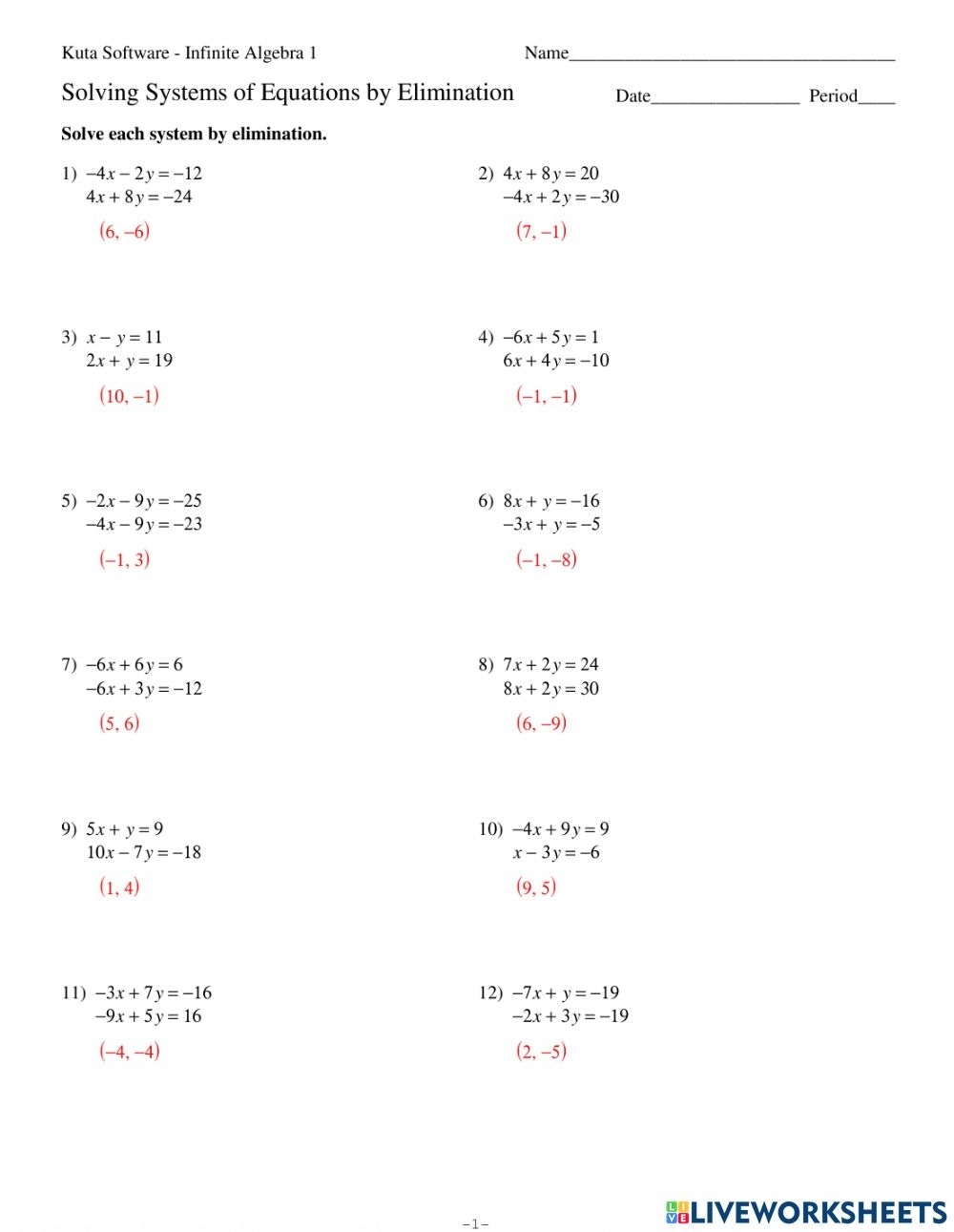 solving systems of equations by elimination worksheets with answers pdf