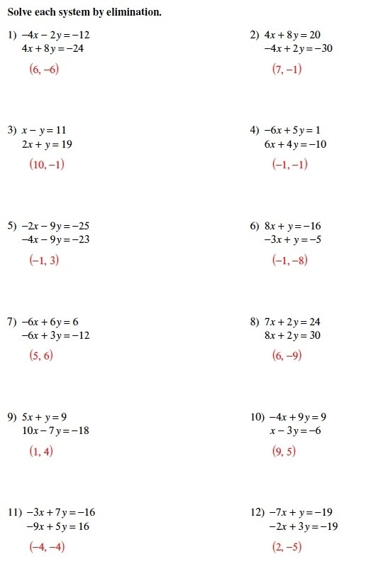 Systems Of Equations Elimination Worksheets