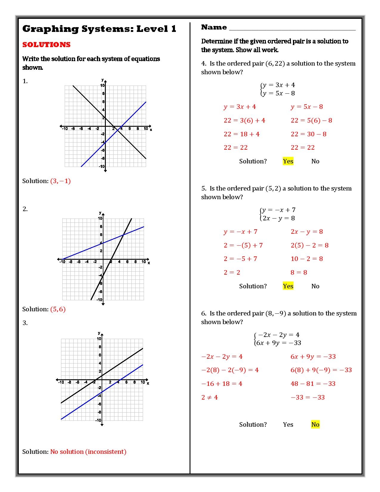 worksheet solving systems of equations by graphing