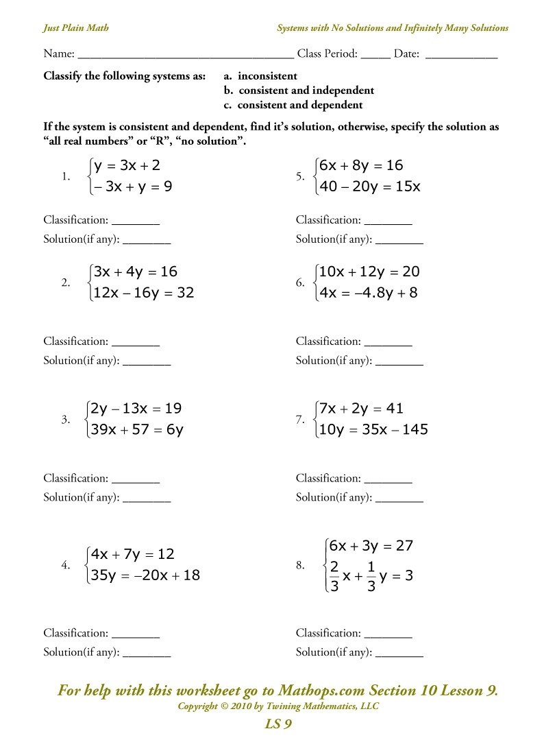 Systems Of Equations No Solution Infinite Solutions Worksheet 