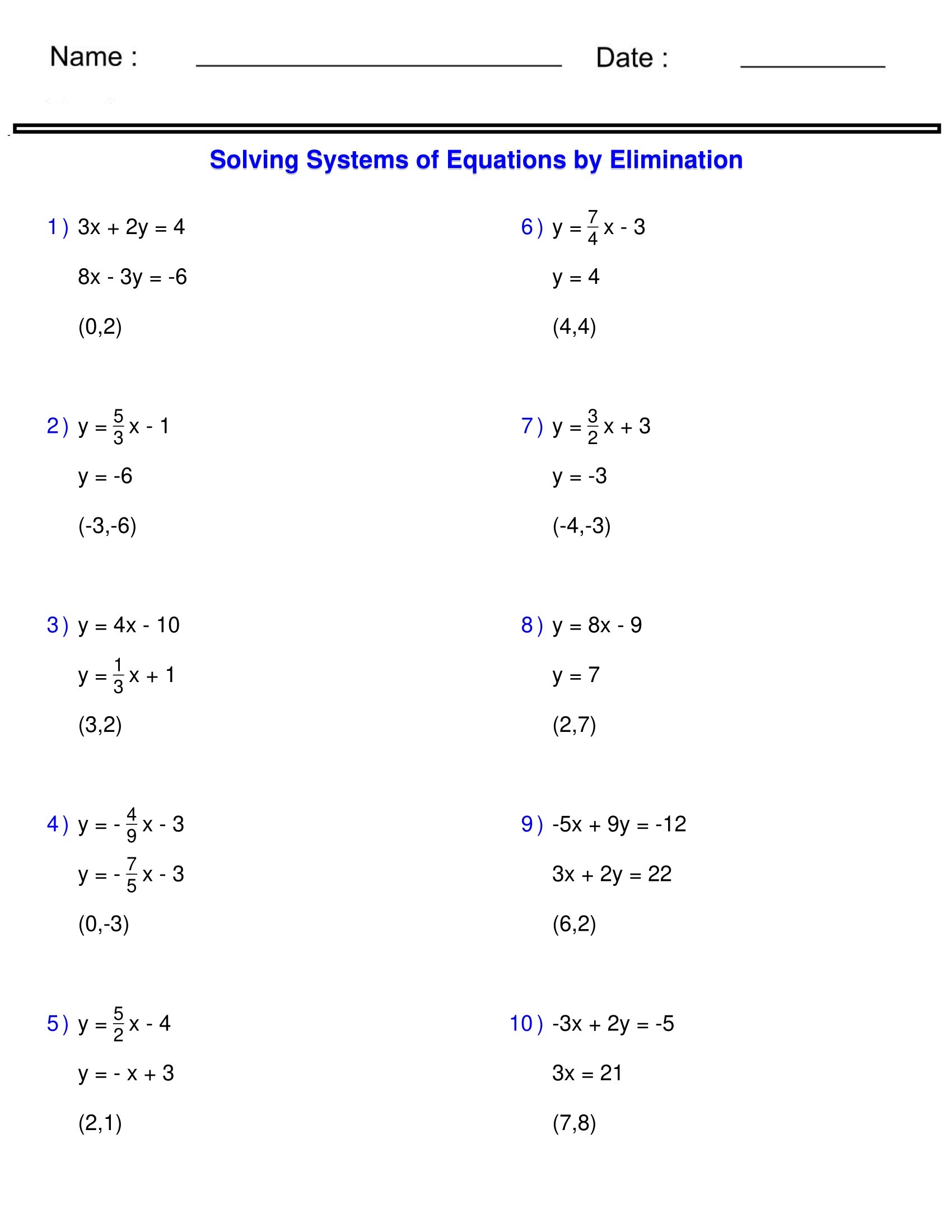 systems of linear equations worksheet