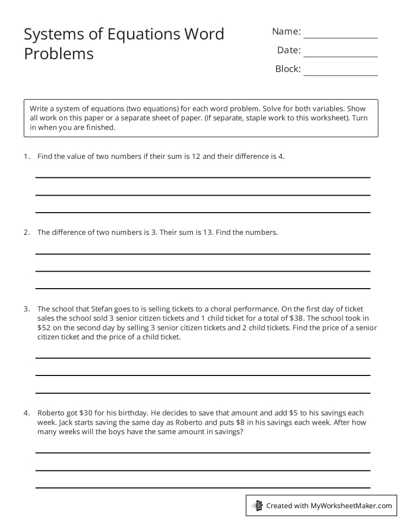 Systems Of Equations Word Problems My Worksheet Maker Create 