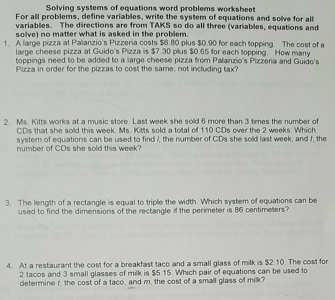Systems Of Linear Equations Word Problems Worksheet Education 