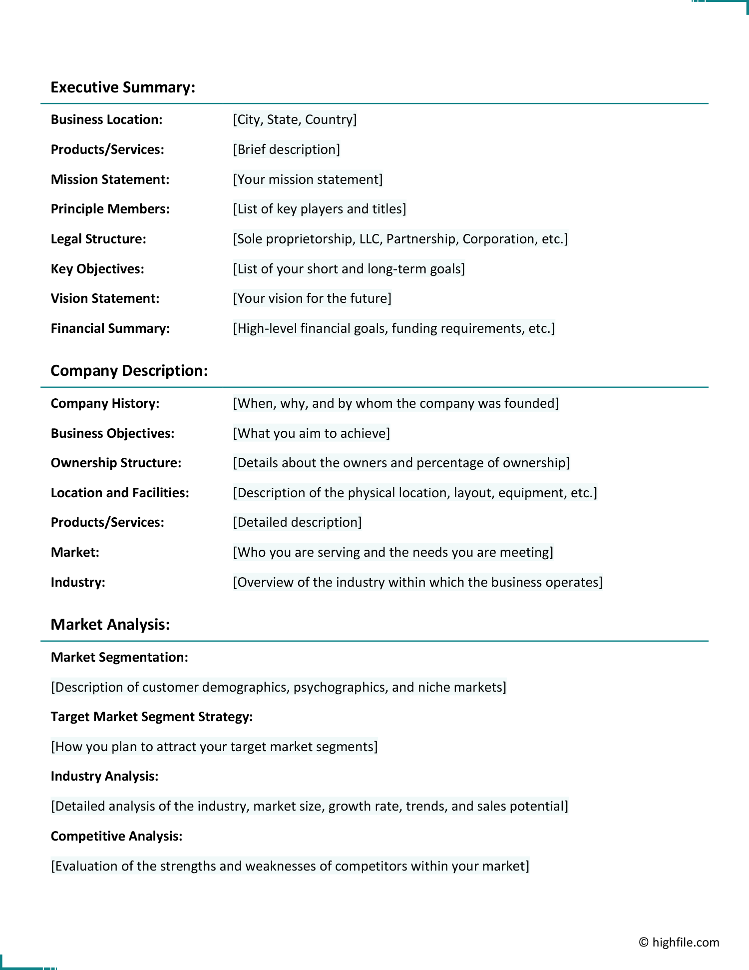 Traditional Business Plan Template Word Google Docs Highfile
