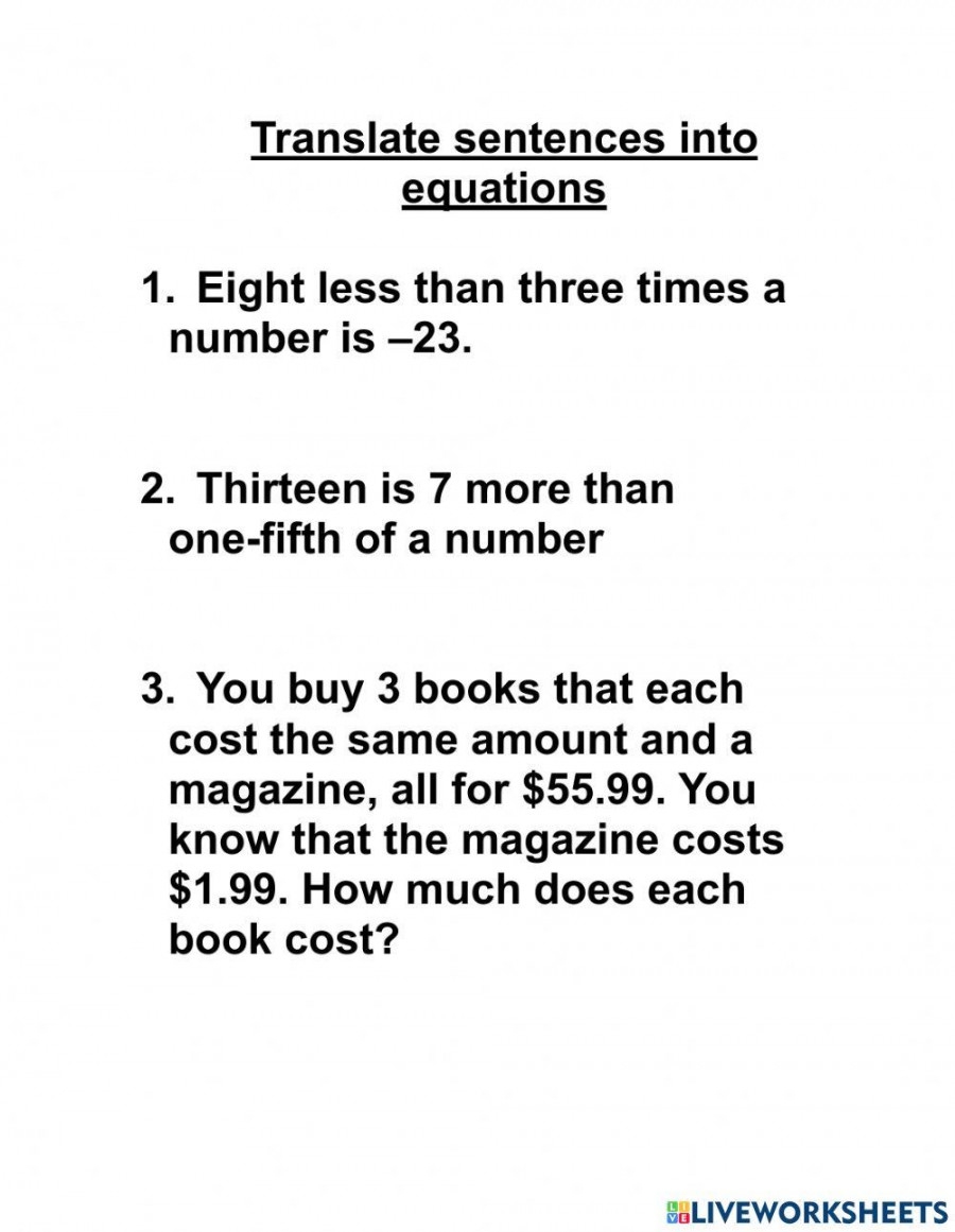 Translating Sentences Into Equations Worksheet Pdf Printable PDF Template