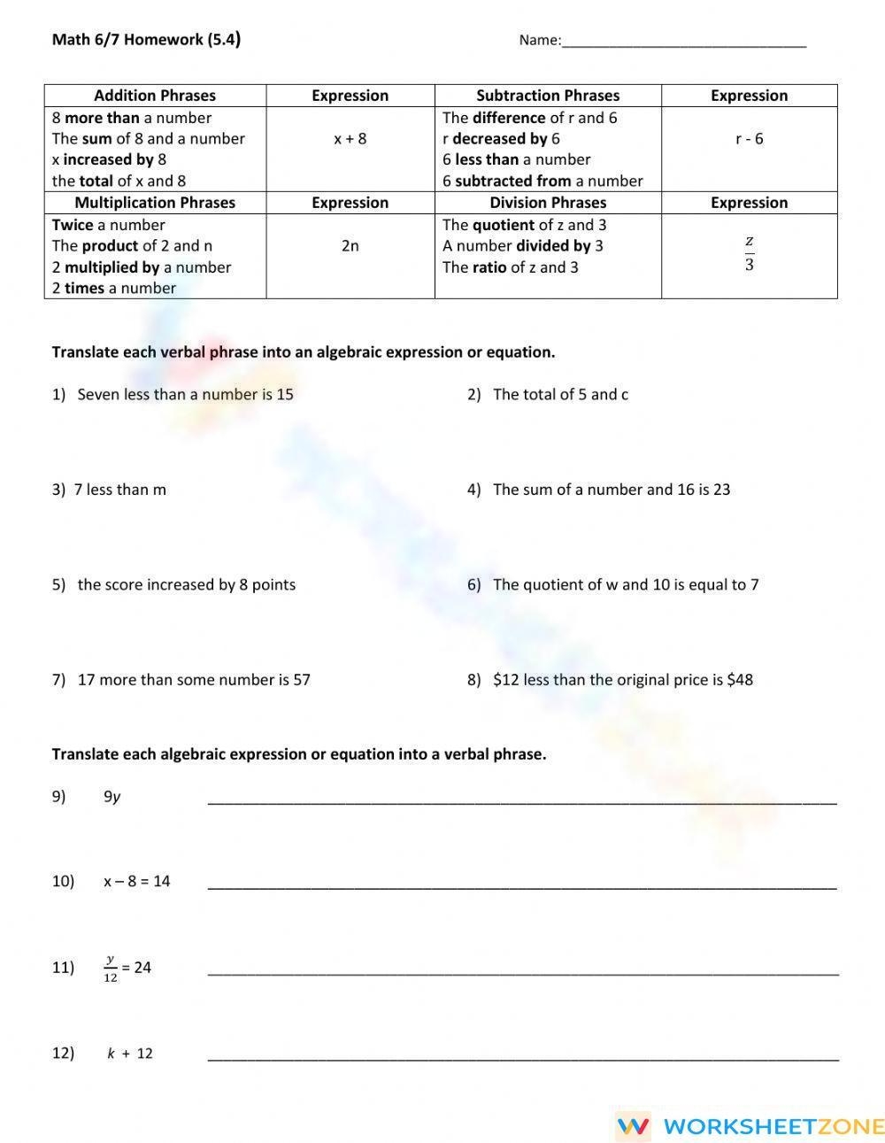 Translating Words Into Algebraic Expressions Step by Step 