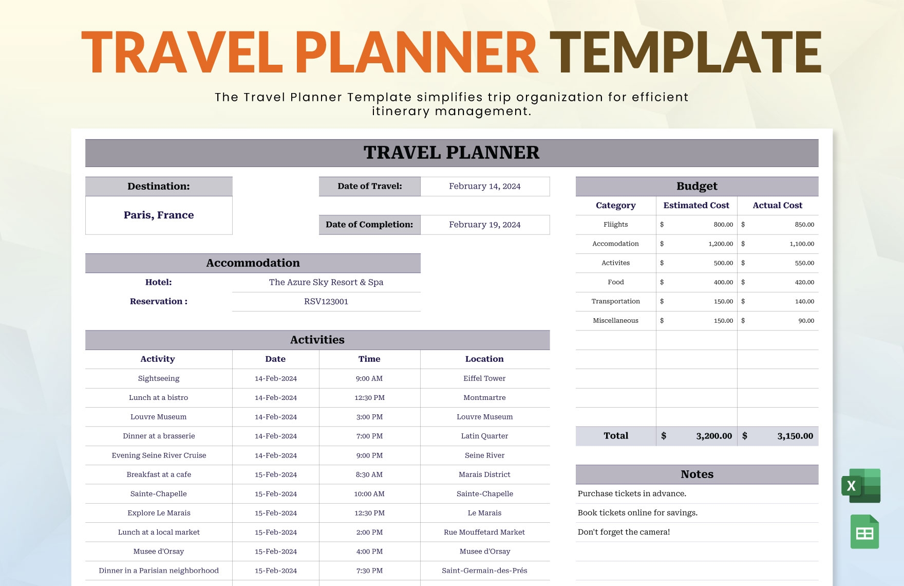 excel travel planning template
