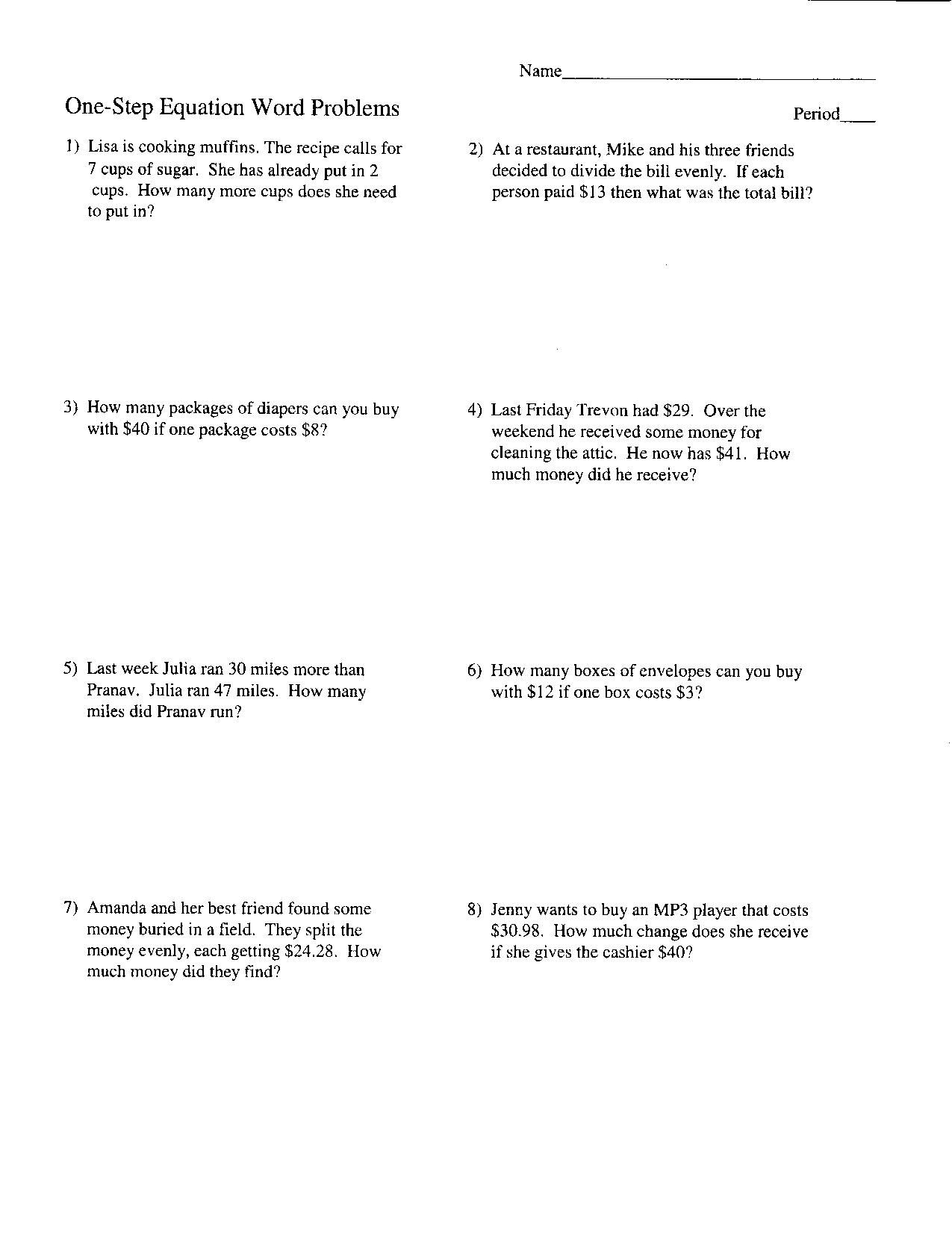 two step equation word problems worksheet