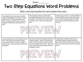 2 step equation word problems worksheet