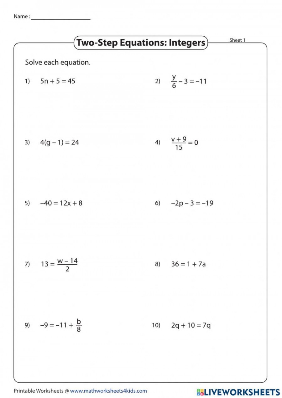Two Step Equations Integers Worksheet Printable PDF Template