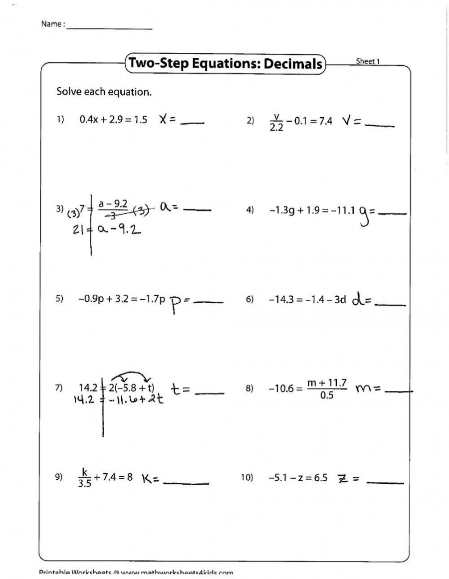 Two Step Equations With Decimals Worksheet Printable PDF Template