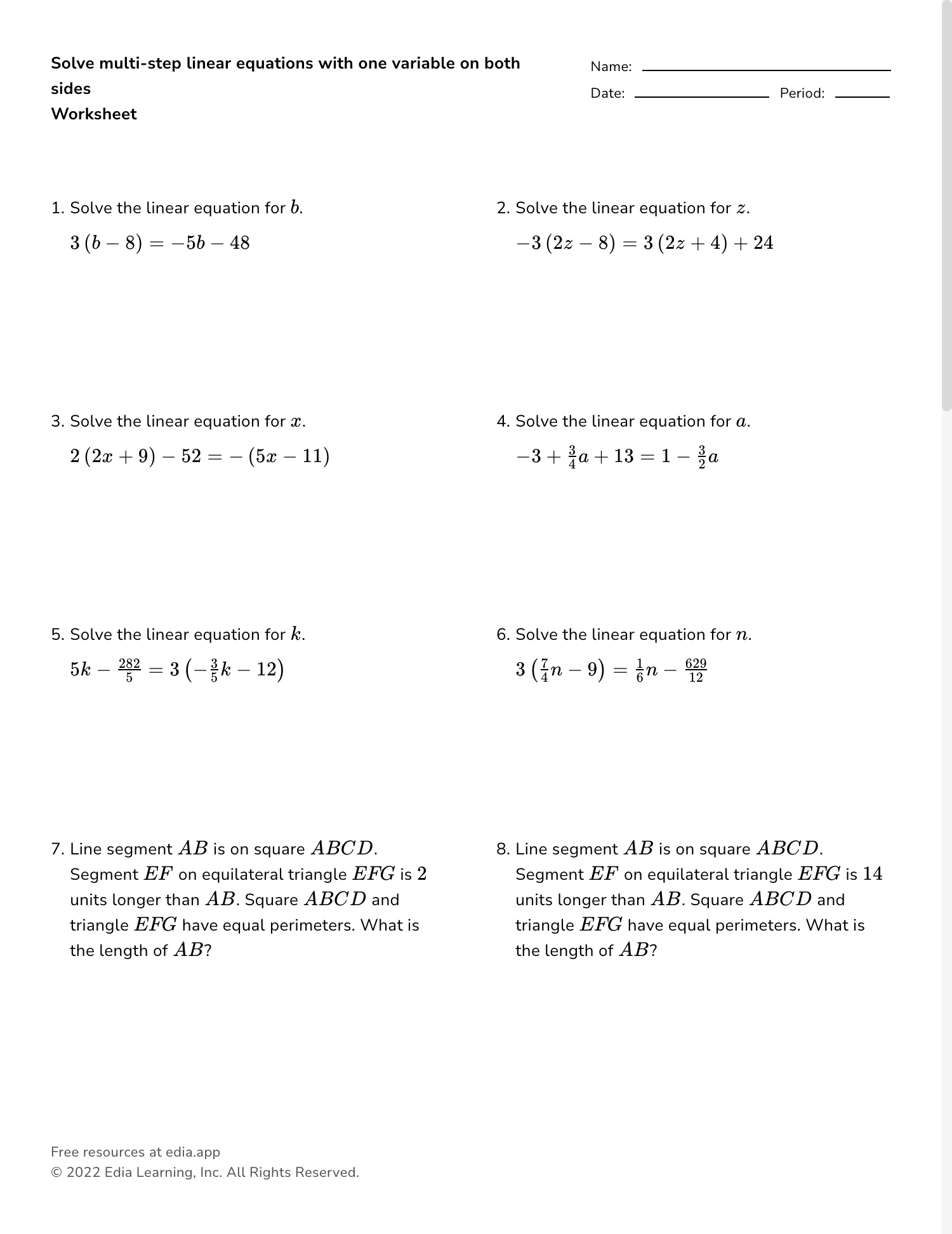 multi step equations with variables on both sides worksheets