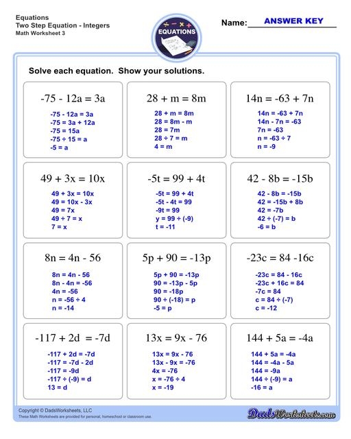 2 step algebra equations worksheets