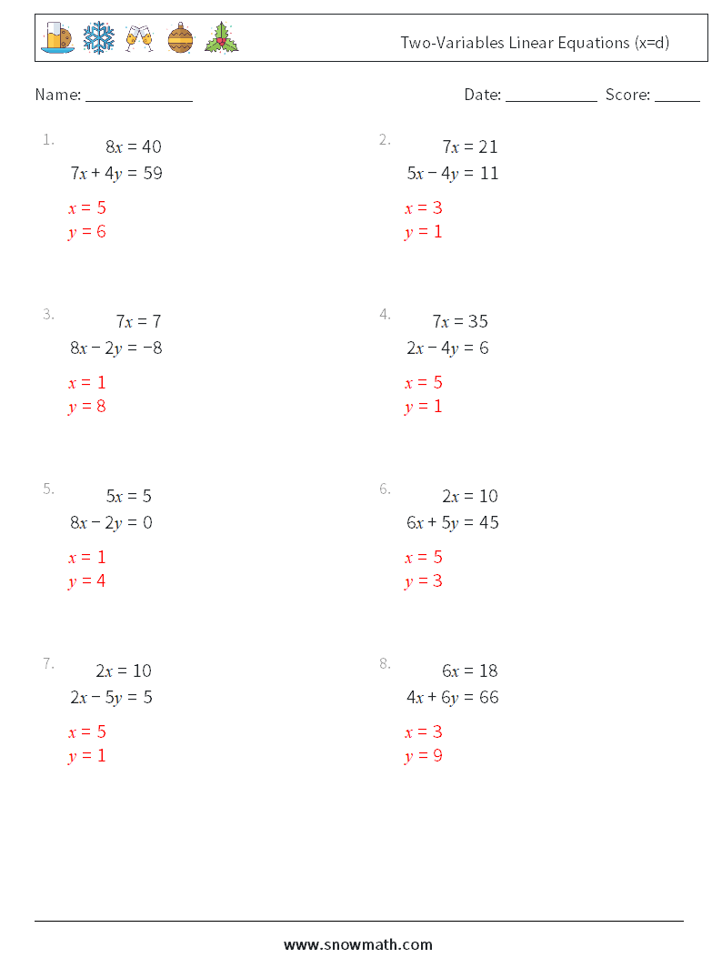 Two variables Linear Equations x d Math Worksheets 1Math 