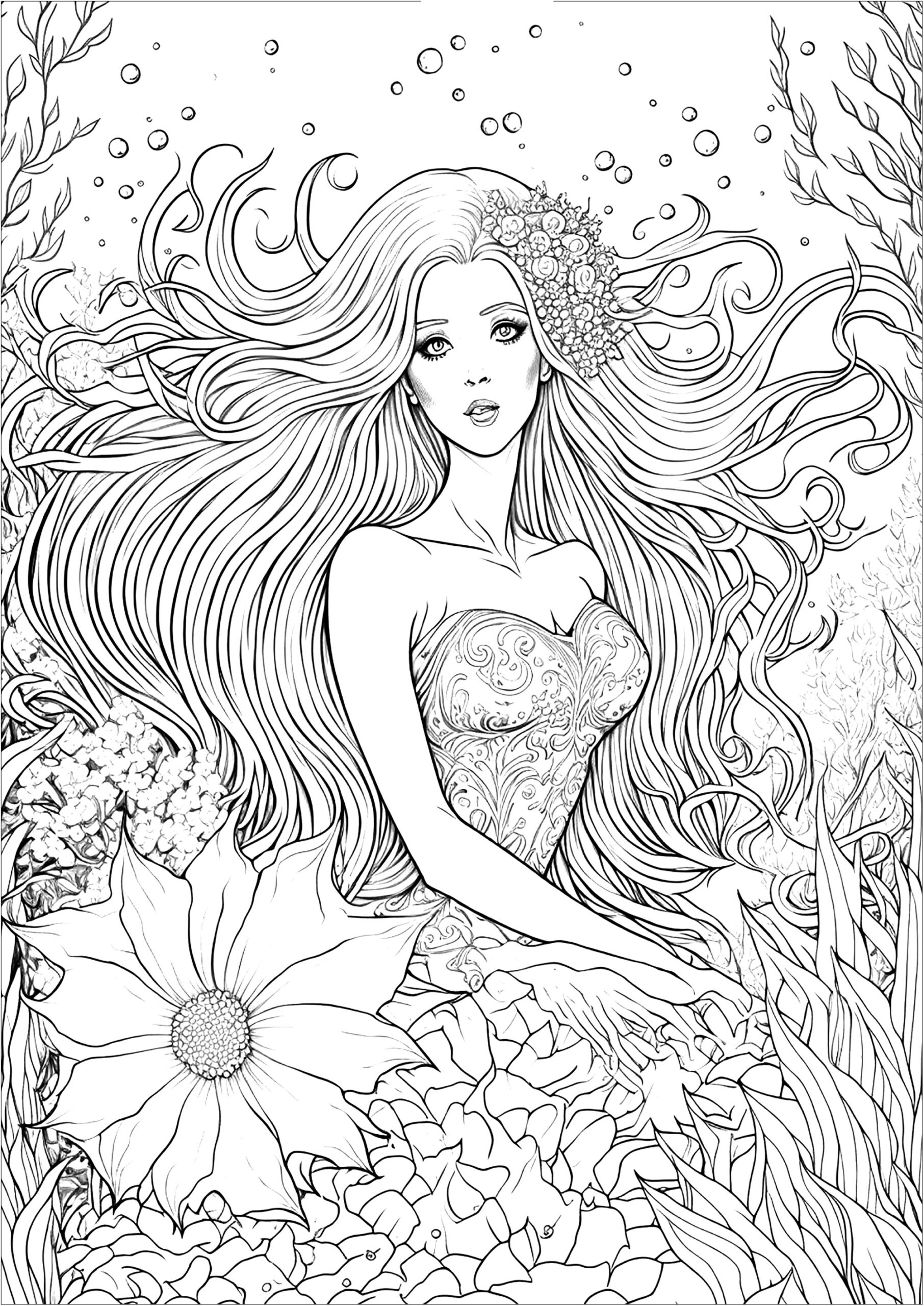 Ultra realistic Siren Mermaid Coloring Pages For Adults