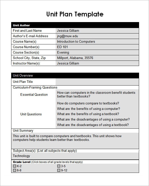 Unit Plan Template Word