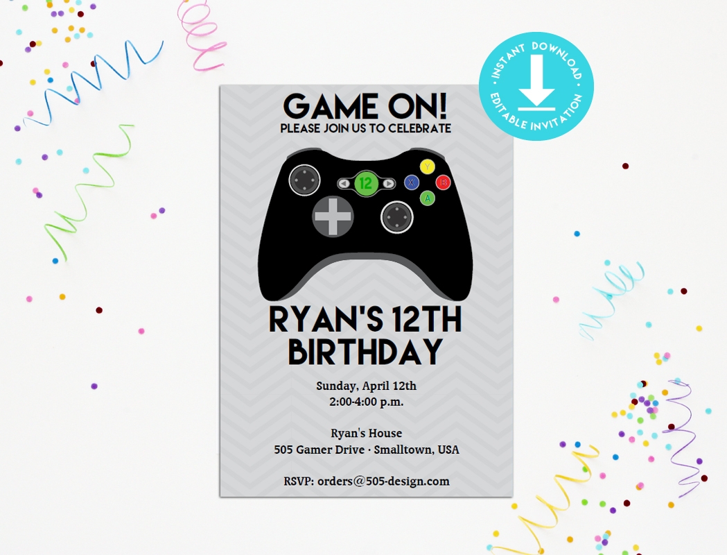 free printable game controller shaped birthday invites
