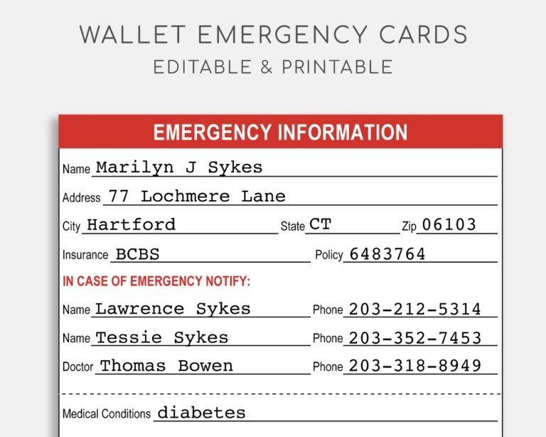 Wallet Printable Emergency Card Template Fillable Form 2023