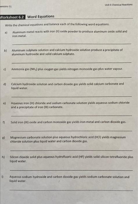 Word Equations Chemistry Worksheets Library