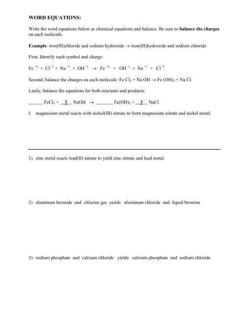 worksheet word equations chemistry