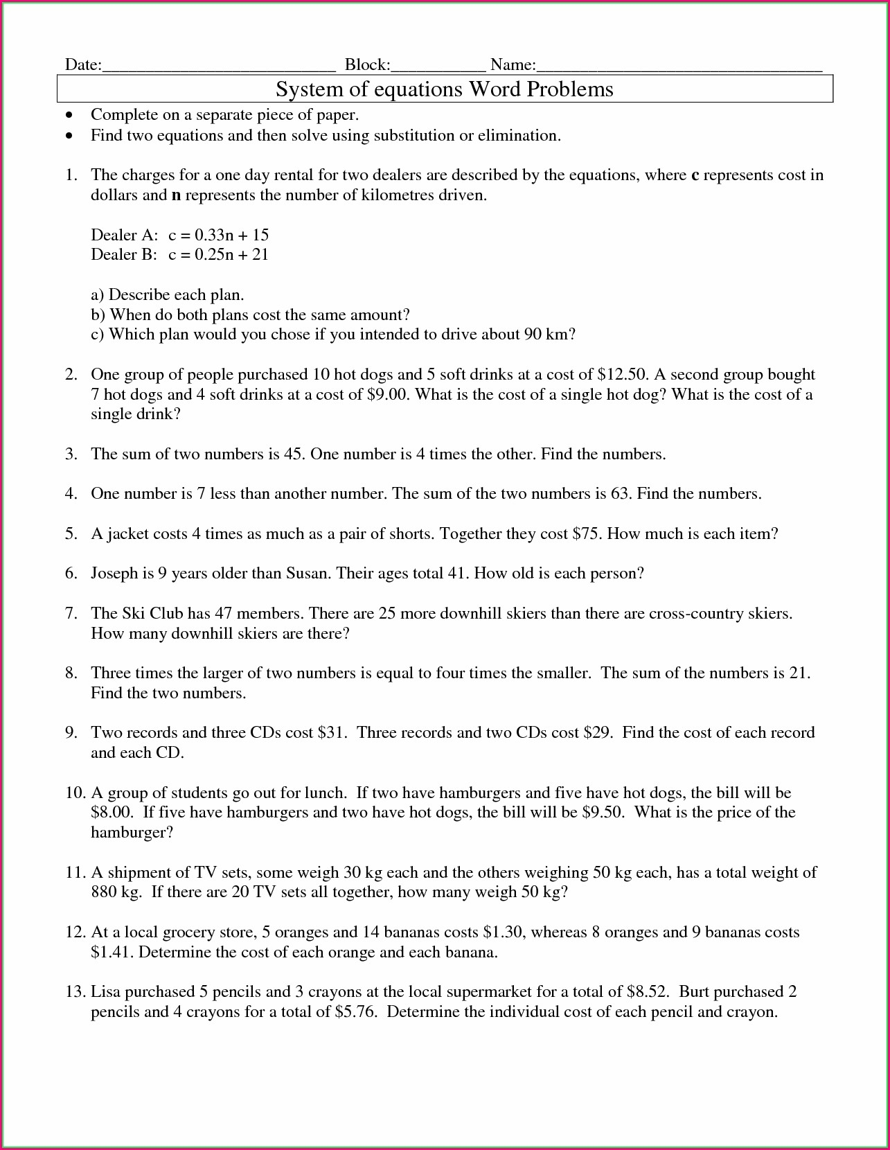 Word Problems Linear Equations Worksheet With Answers Equations 