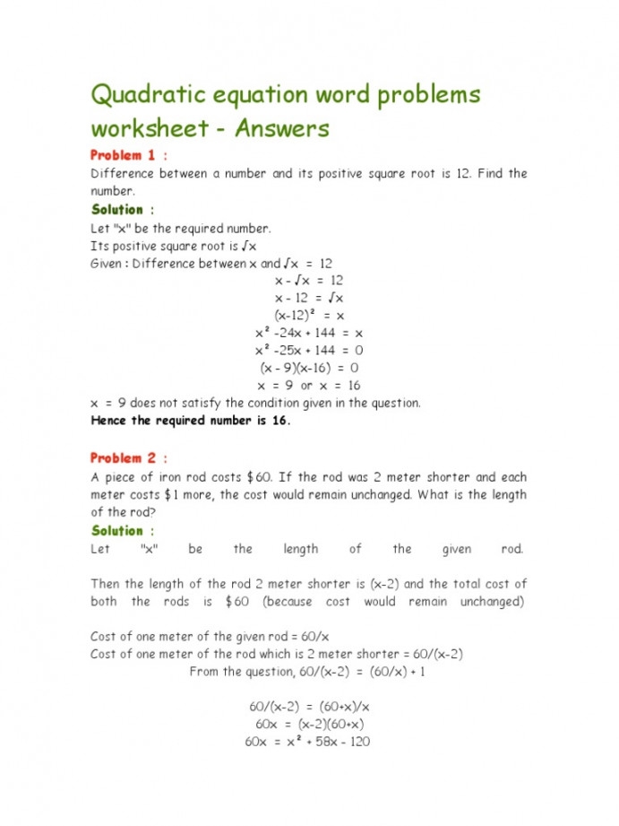 Word Problems Quadratic Equations Worksheet Printable PDF Template