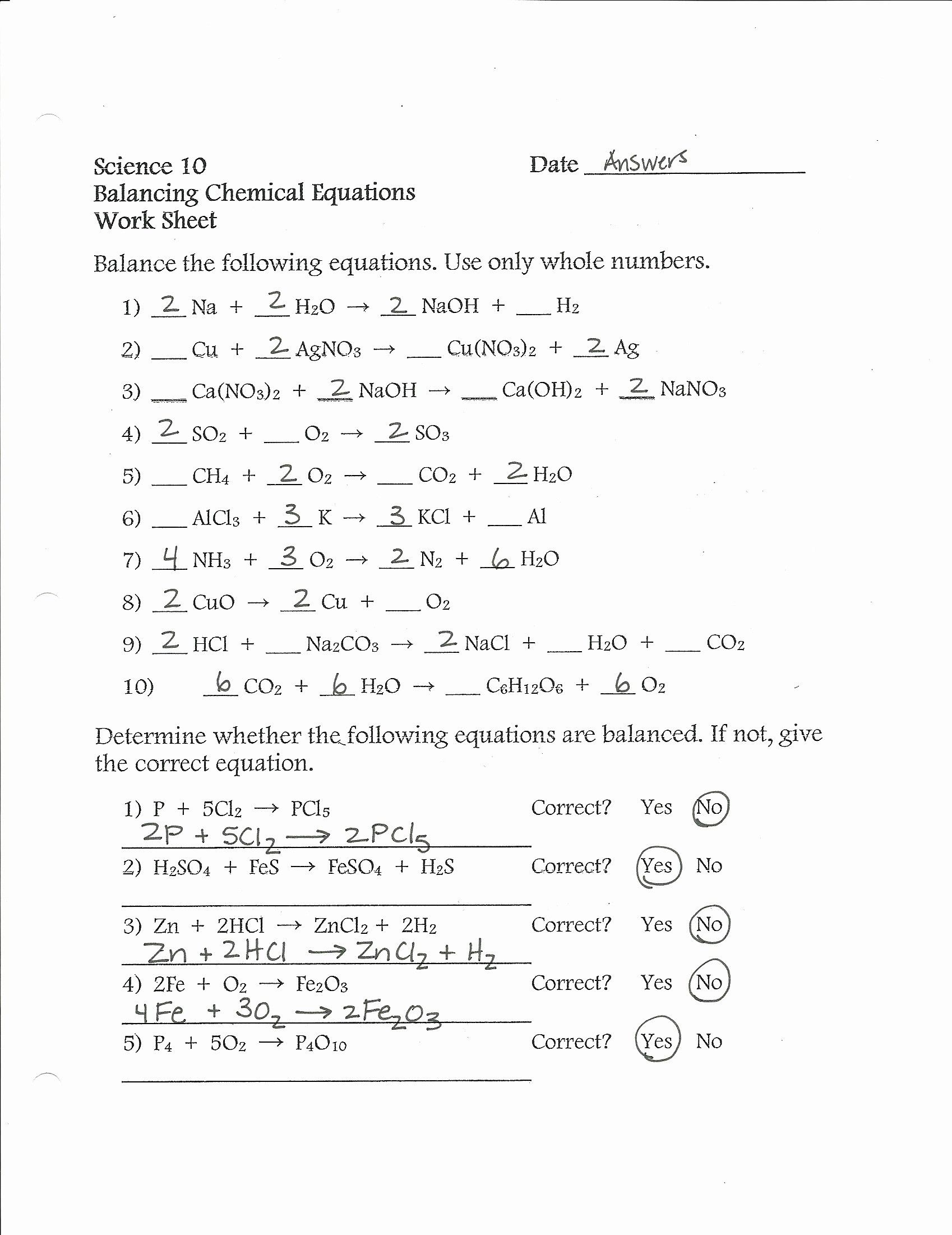 Worksheet 10 Math Skills Balancing Chemical Equations Answer Key 