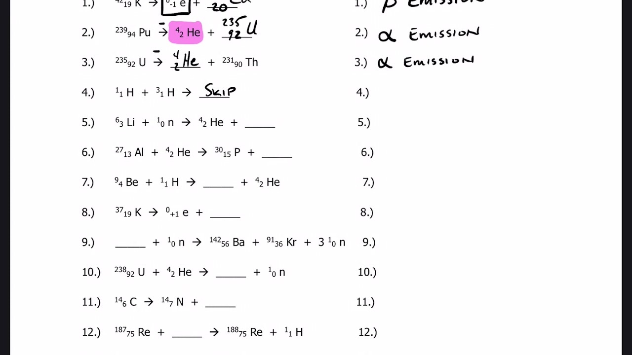 worksheet balancing nuclear equations