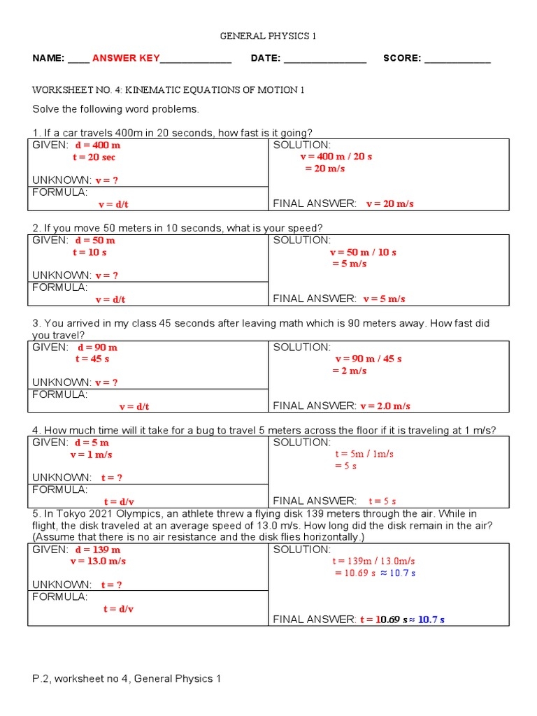 Worksheet No 4 Kinematic Equations Of Motion 1 Answer Key PDF 