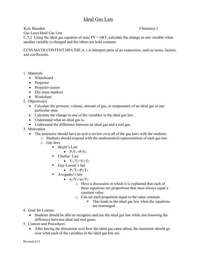 ideal gas equation worksheet