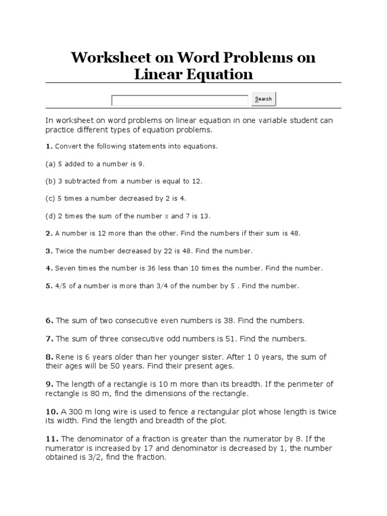 Worksheet On Word Problems On Linear Equation MATH 7 4TH MID PDF