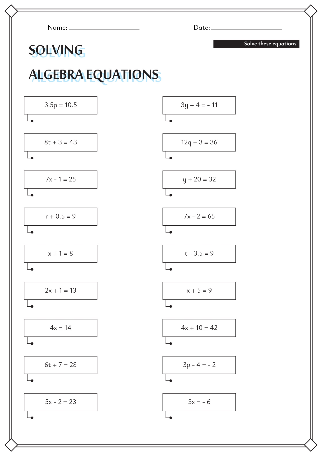 worksheet for solving equations