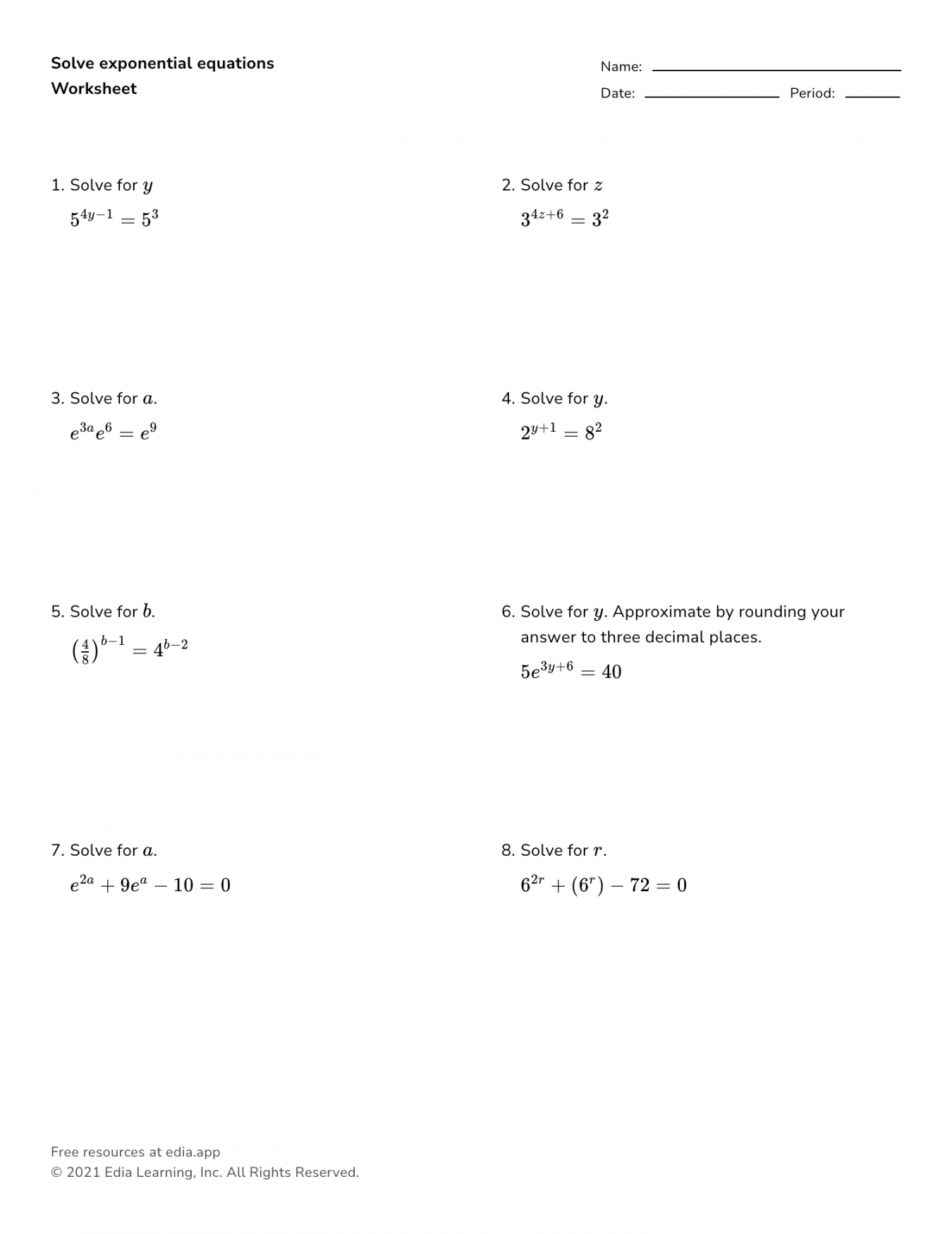 Worksheet Solving Exponential Equations Printable PDF Template