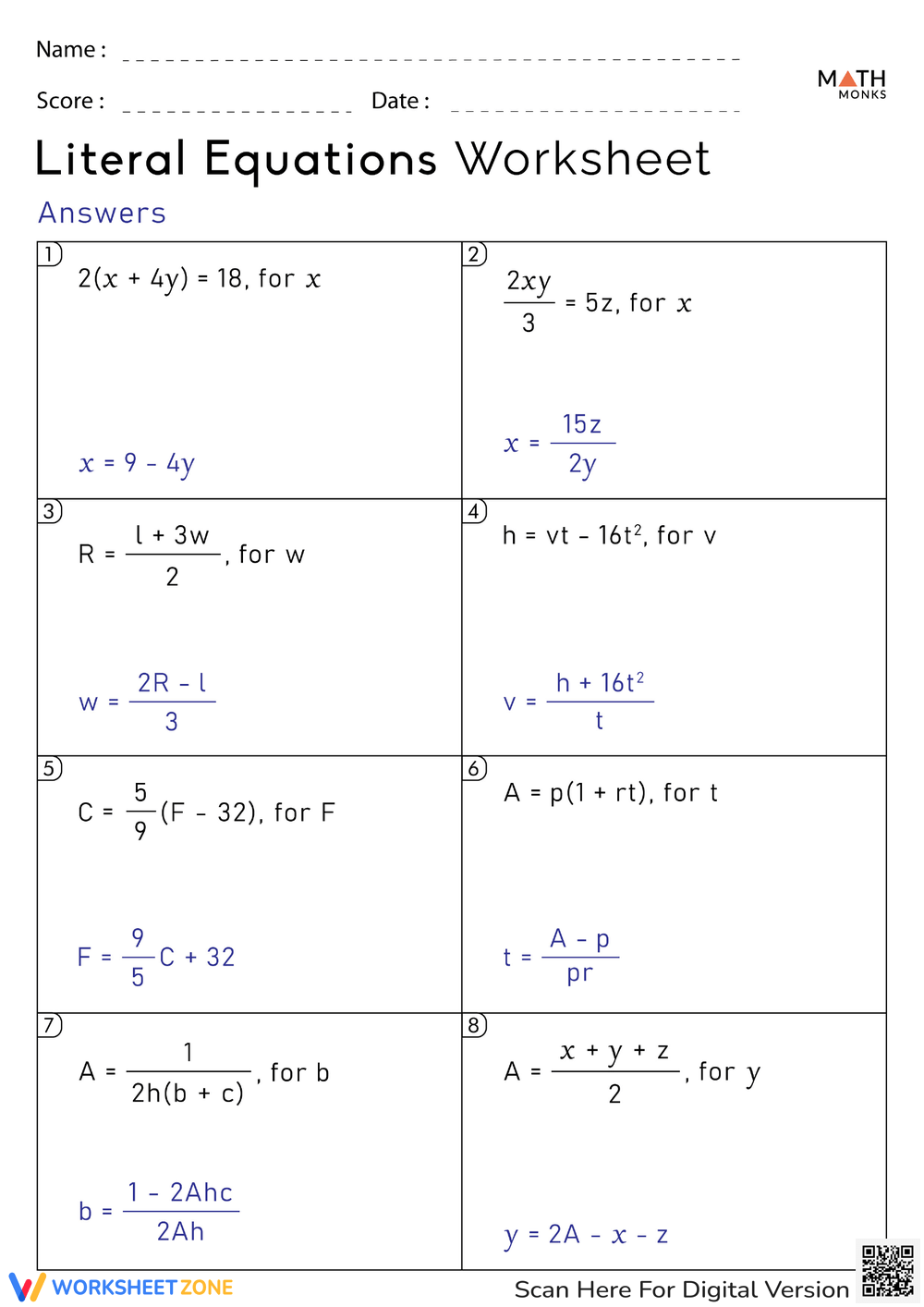 Worksheet Solving Literal Equations Worksheet Worksheets Library