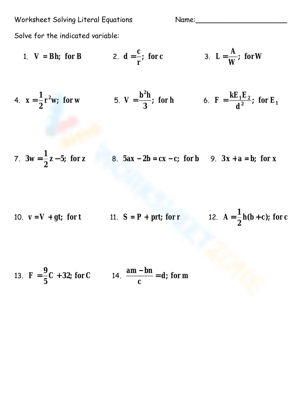 Worksheet Solving Literal Equations Worksheet Worksheets Library