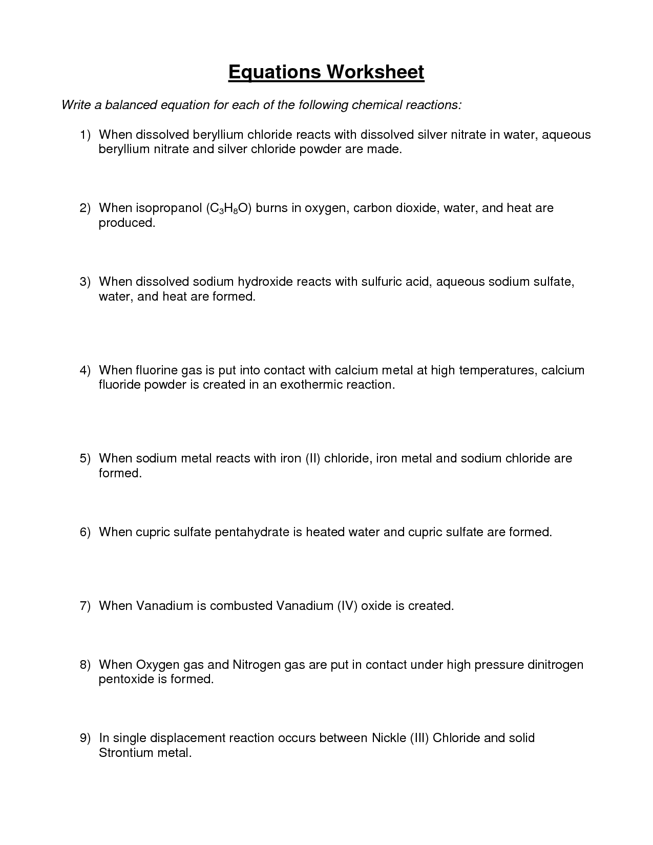 Worksheet Word Equations Chemistry Equations Worksheets