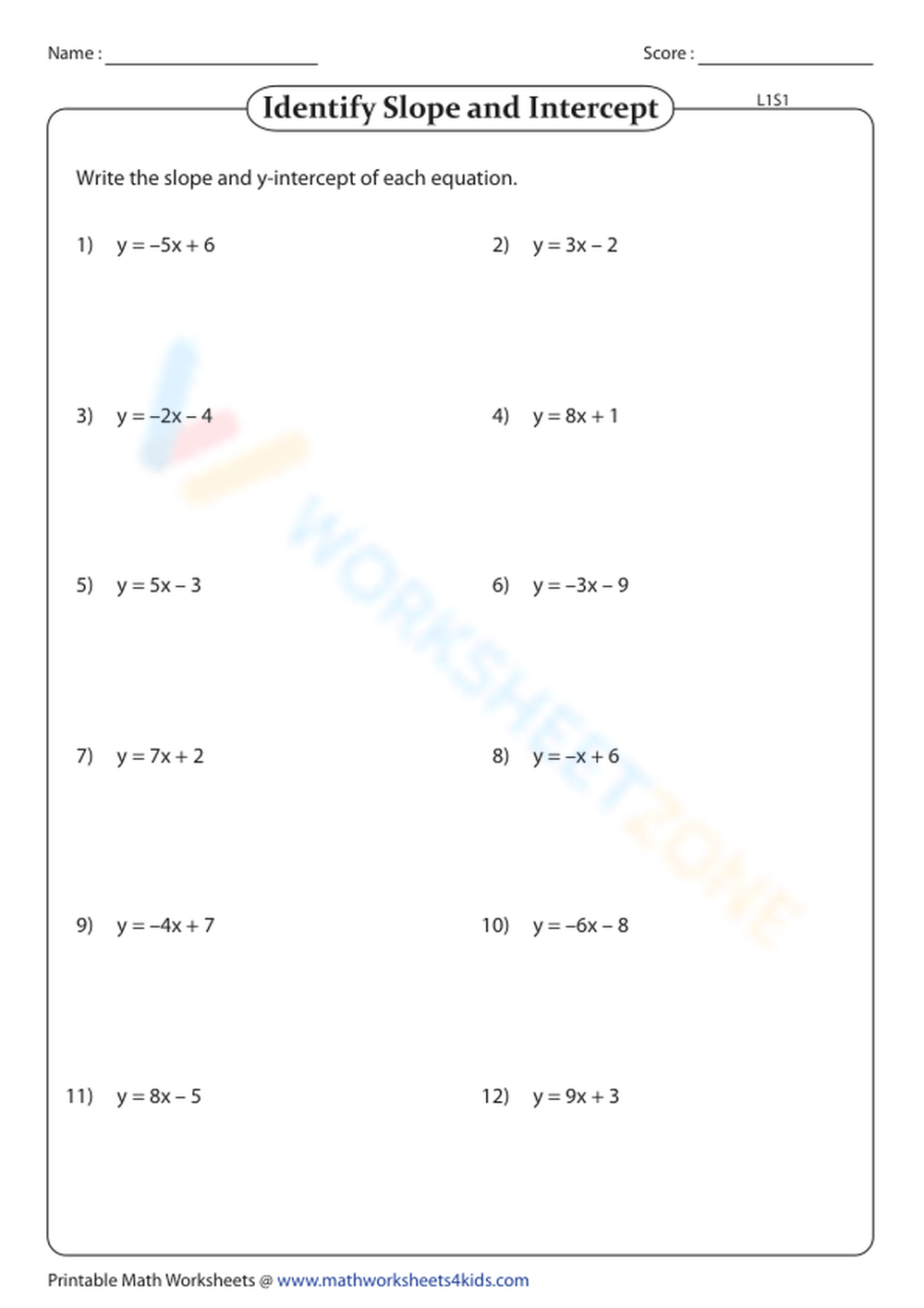 write equation given slope and y intercept worksheet