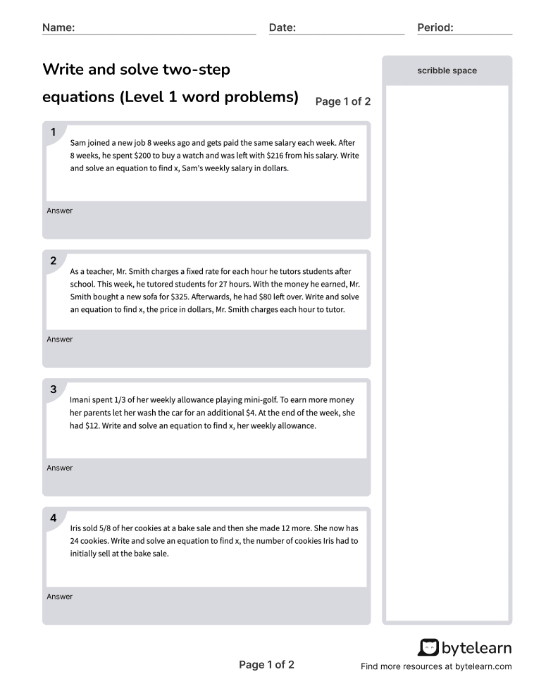 Write And Solve Two Step Equations Level 2 Word Problems 
