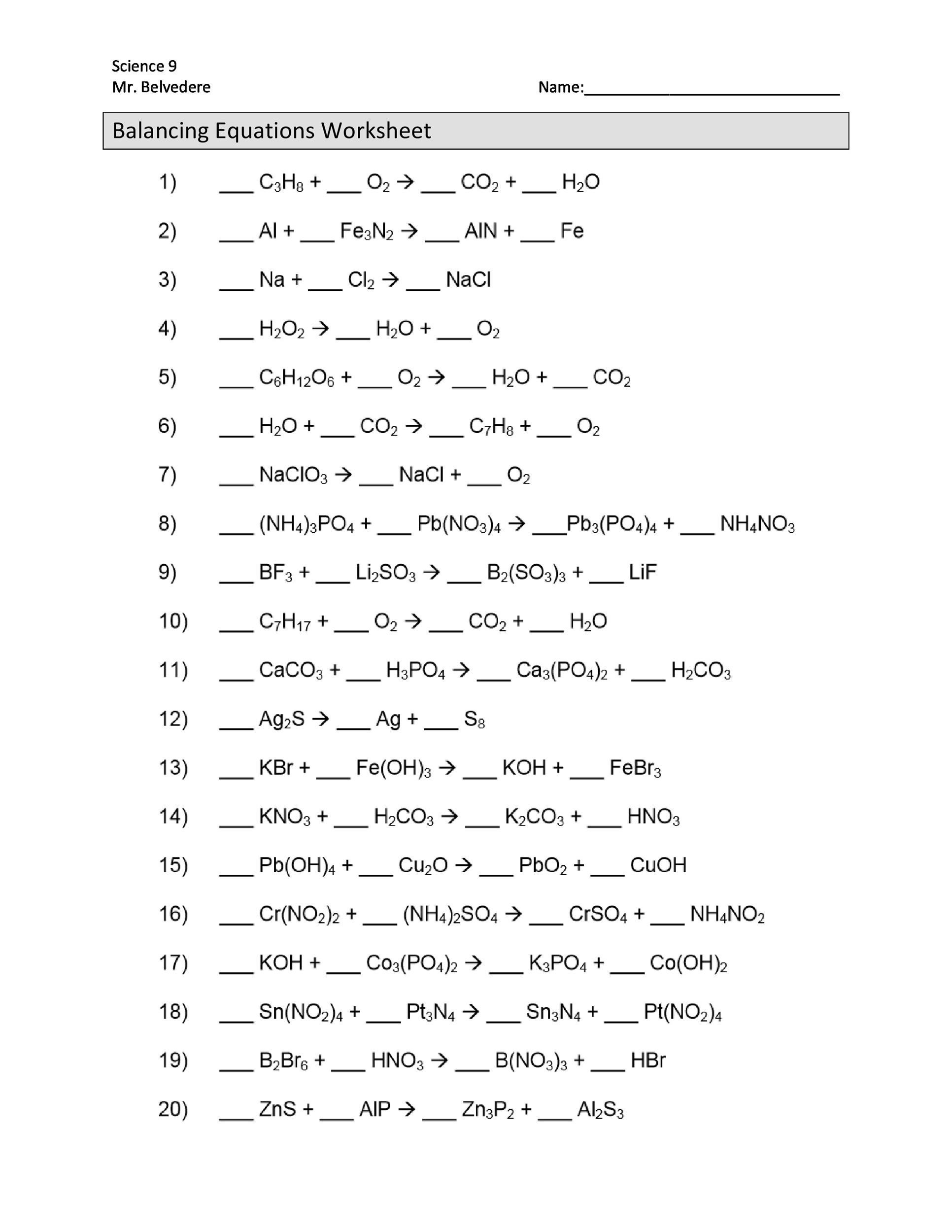 Writing And Balancing Chemical Equations Worksheet Writing Worksheets