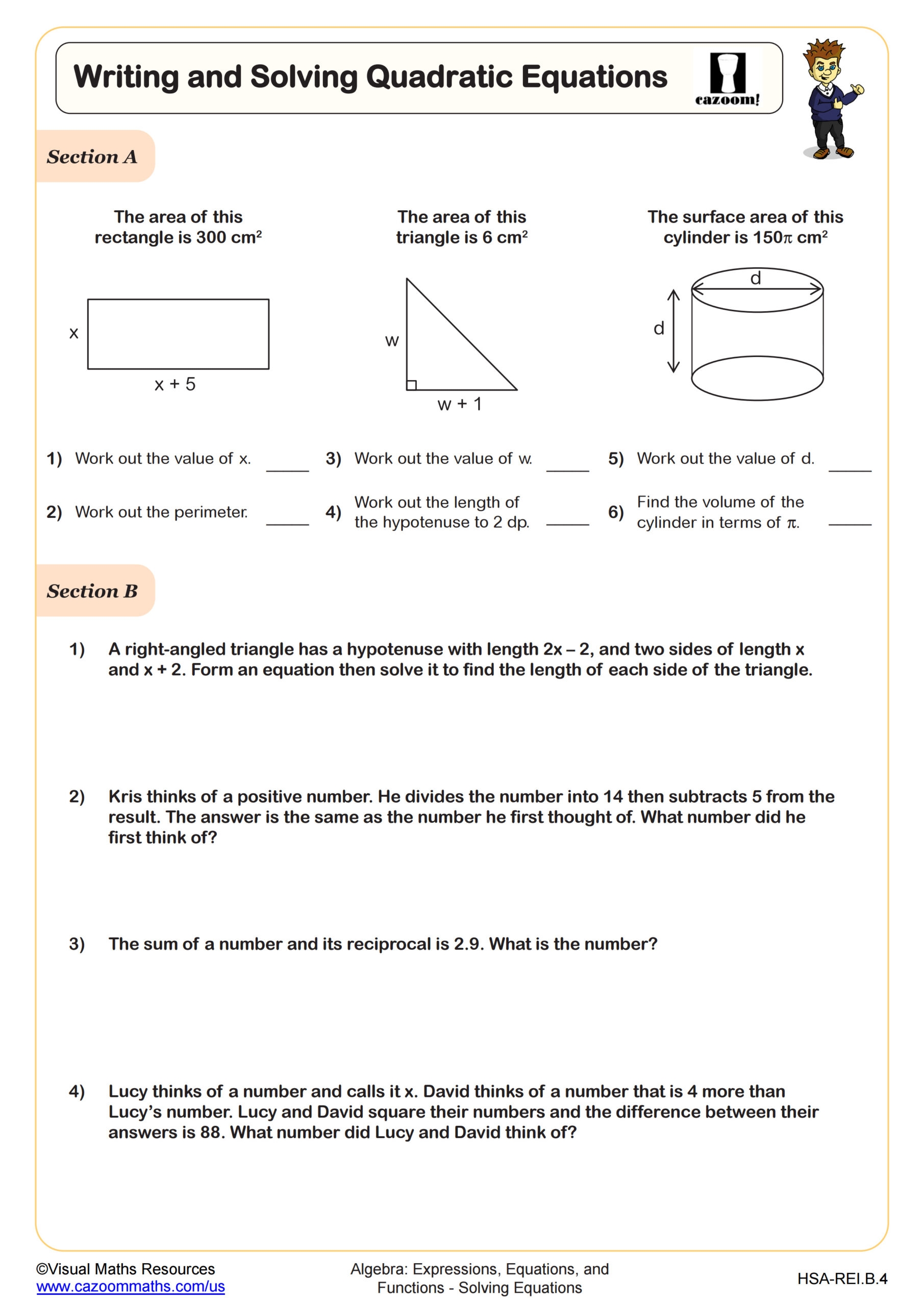 Writing And Solving Quadratic Equations Worksheet PDF Printable 